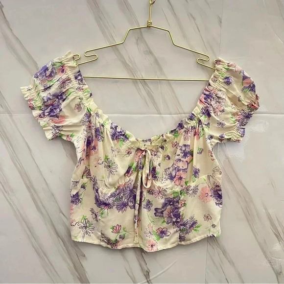 ABOUND Off Shoulder Floral Crop Top Size Medium Back Smocked Blouse - Picture 7 of 10